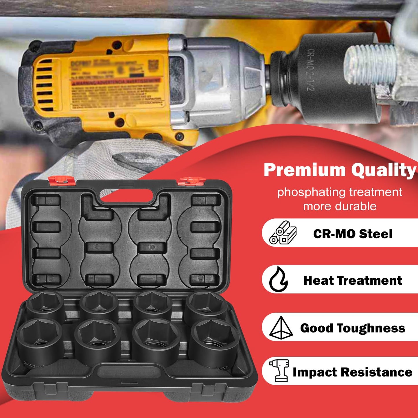 8PCS 3/4" Drive Spindle Axle Nut Impact Large Socket Set, 2-1/16" to 2-1/2", CR-MO Steel, 6-Point
