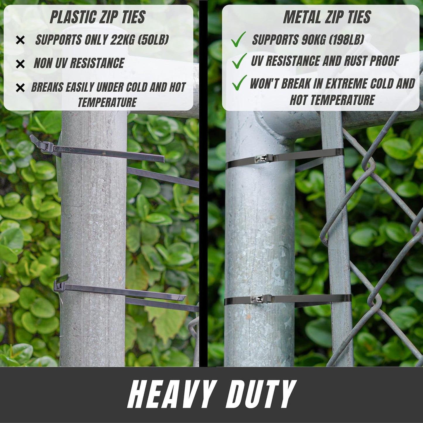 Metal Zip Ties 11.8 inch 100pcs Stainless Steel Zip Ties Heavy Duty Multi-Purpose Self-Locking Cable Ties for Machinery, Vehicles, Exhaust Wrap, Farms, Pipes, Roofs, Cables, and Outdoor Fence (Black)