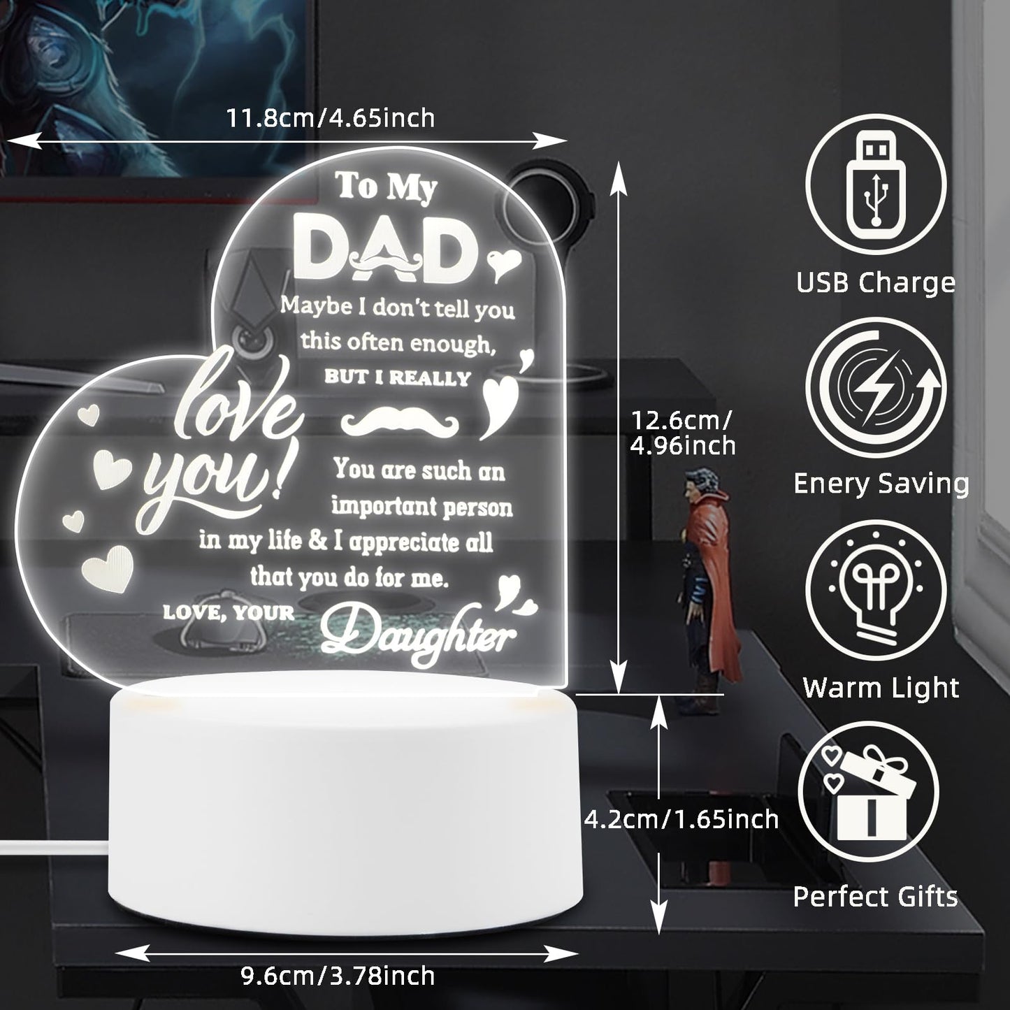 Gifts for Dad- Delicate Dad Birthday Gifts from Daughter Son - Acrylic Night Light LED Bedside Lamp - Ideal Thanksgiving Fathers Day Birthday