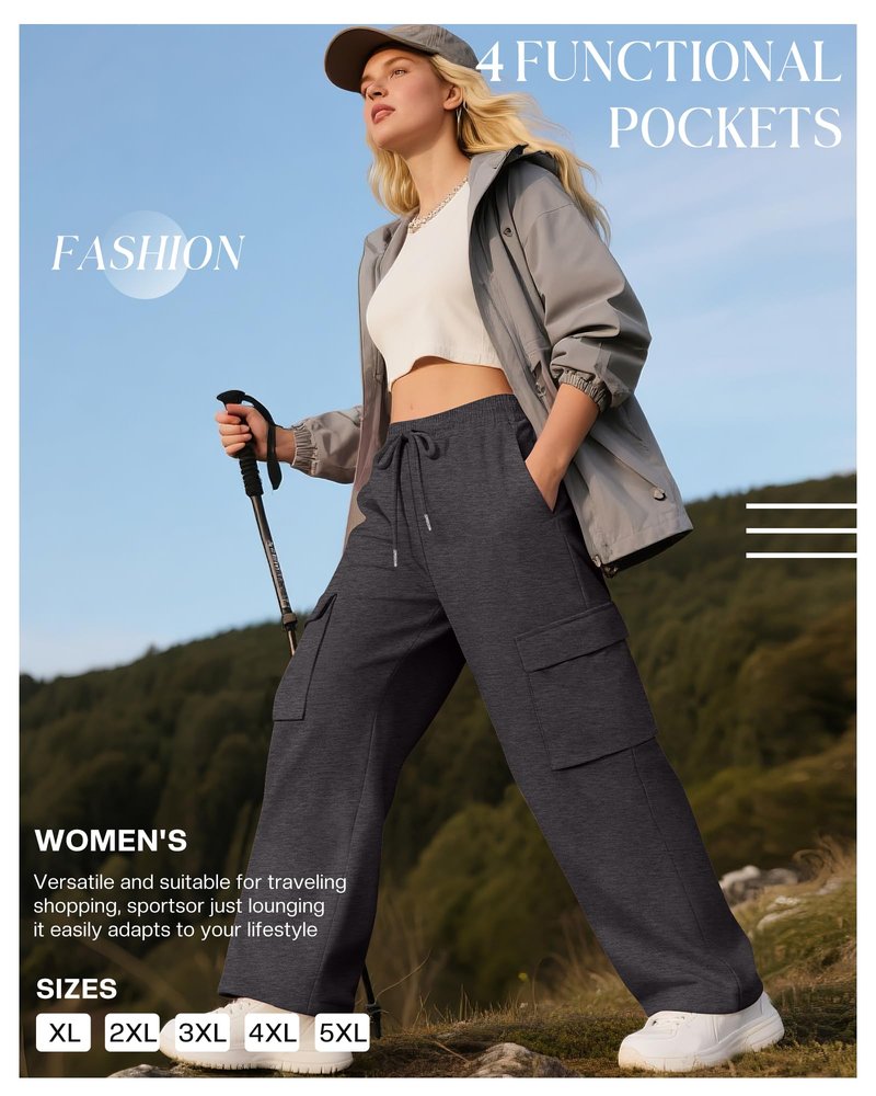 Neer 3 Pack Women's Plus Size Cargo Sweatpants Wide Leg Drawstring Bottom Pants Baggy Loose Casual Athletic Trousers(Black, Dark Gray, Light Gray,3X-Large)