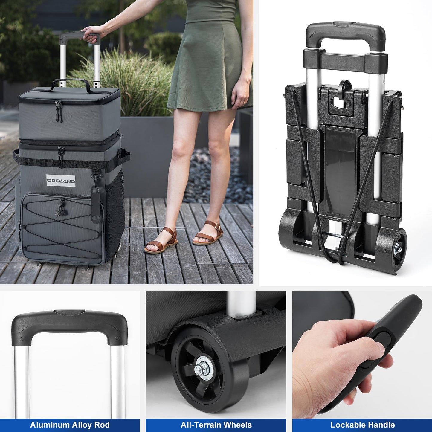 Odoland 72 Can Rolling Cooler Bag with Wheels & Handle, Collapsible Insulated Ice Chest for Beach, Camping & Tailgating - Portable Travel Soft Cooler on Wheels, Collapses for Easy Storage