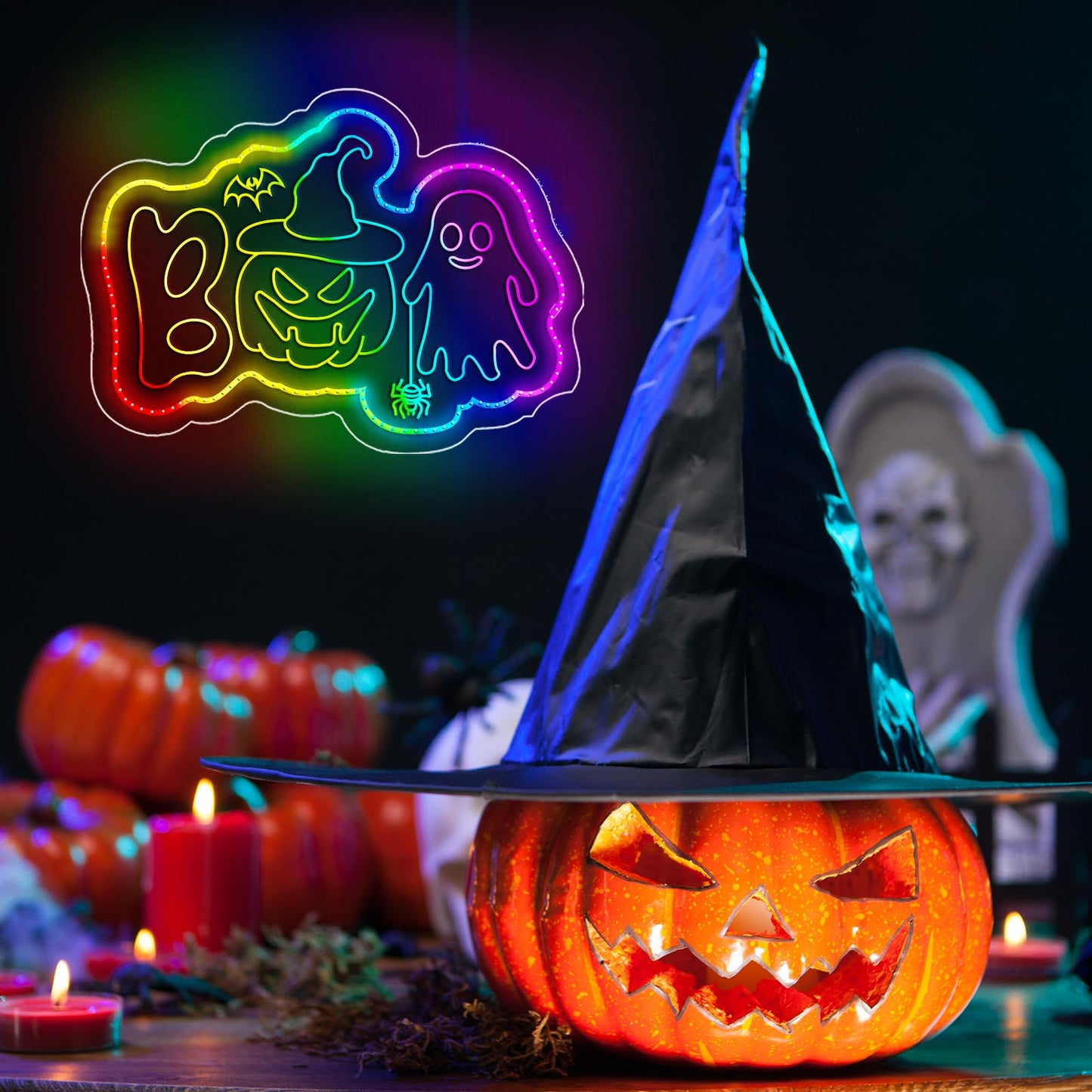 Halloween Neon Sign, BOO Led Sign for Wall Decor Pumpkin Spooky Ghost Light Up Sign for Halloween Bar Bedroom Home Party Trick or Treat Party Backdrop