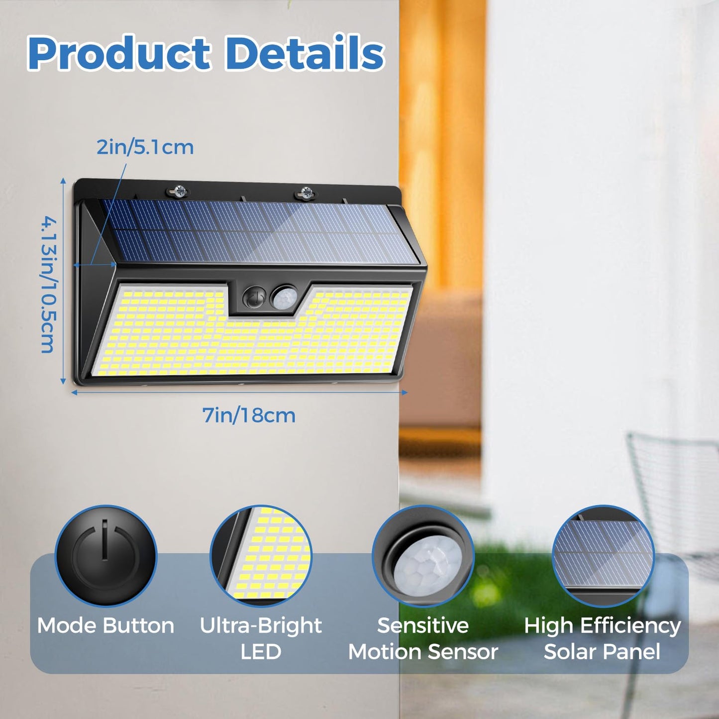 Peasur 318LED Solar Lights Outdoor Motion Sensor, Solar Powered Fence Wall Light IP65 Waterproof, 3 Modes Security Lighting for Outside Deck Yard Patio House Step Stair