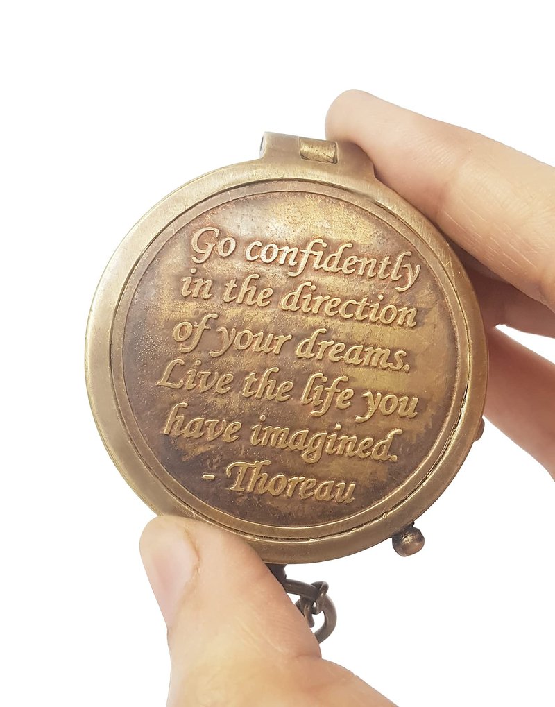 Hanzla Collection - Brass Compass Engraved with Thoreau's Go Confidently Quote and Stamped Leather Case, Boys Gifts