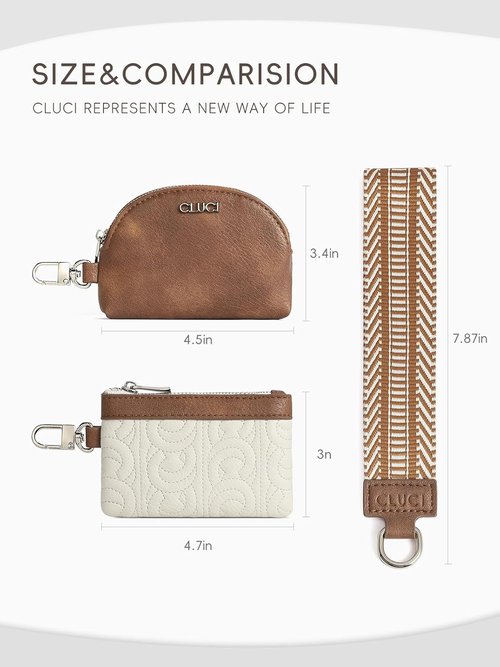 CLUCI Keychain Wallet - PU Leather Coin Purse with Detachable Dual Pouch | Beige and Brown