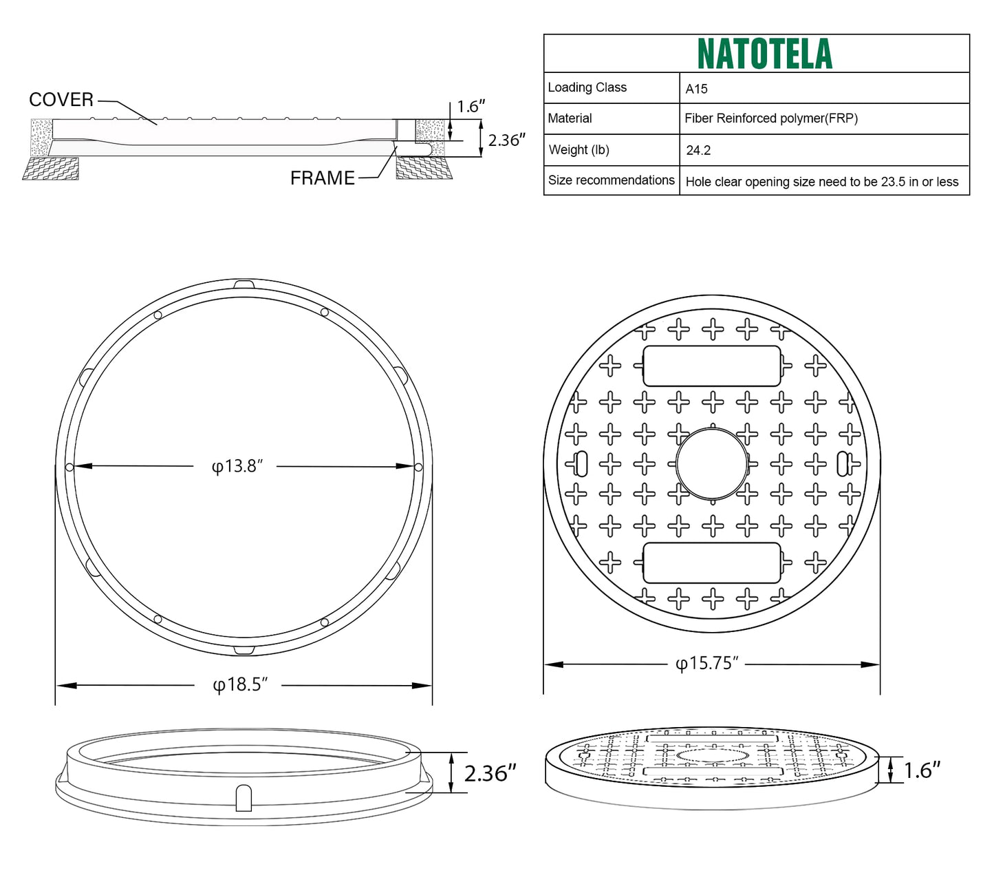 Natotela 16in Round Manhole Cover and Frame, Fiberglass Recessed Solid Top Cover with Base Size 18.5in,14in Clear Opening,Septic Tank Cover and Base for yard, Non-slip Reinforced Sewage Basin Cover