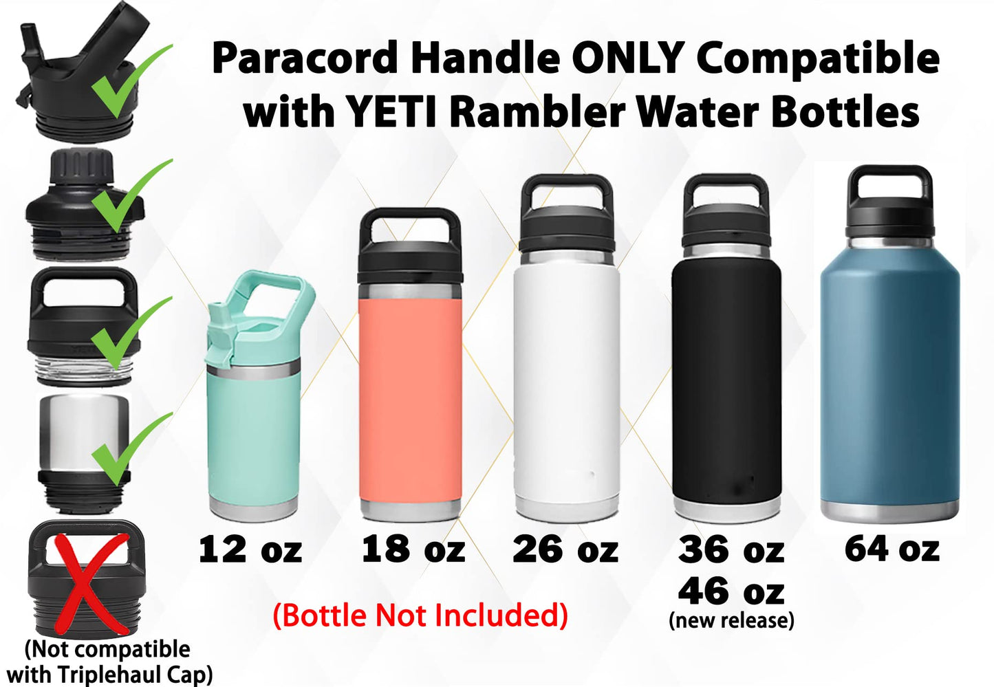 One MissionX Paracord Handle Compatible with Yeti Rambler 36oz 26oz 18oz 12oz 46oz Water Bottles, Durable Carrier Strap - Holder(Black Speckled)
