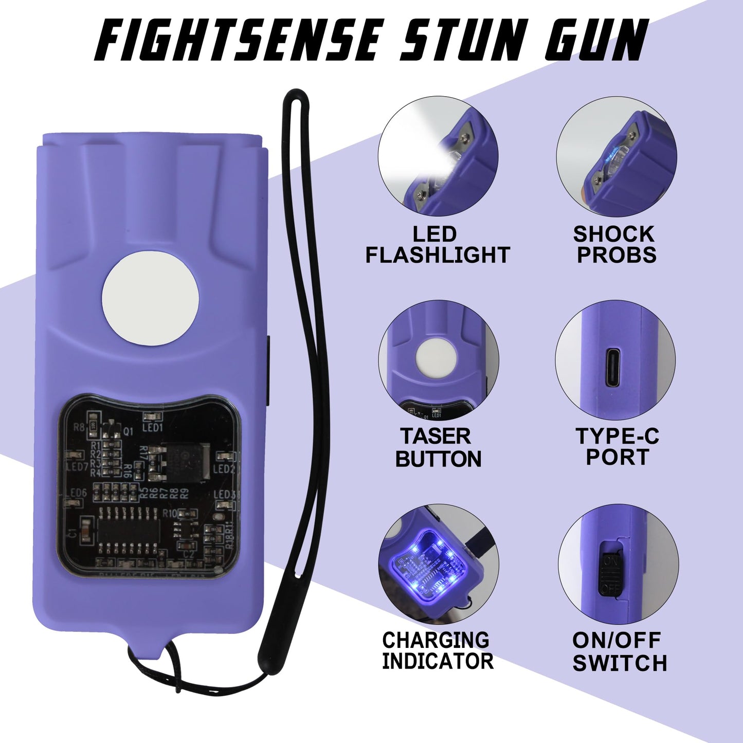 FIGHTSENSE Flashlight Stun Gun for Self Defense – Rechargeable Stun Gun for Women – Compact & Powerful Self Defense Flashlight (Purple)