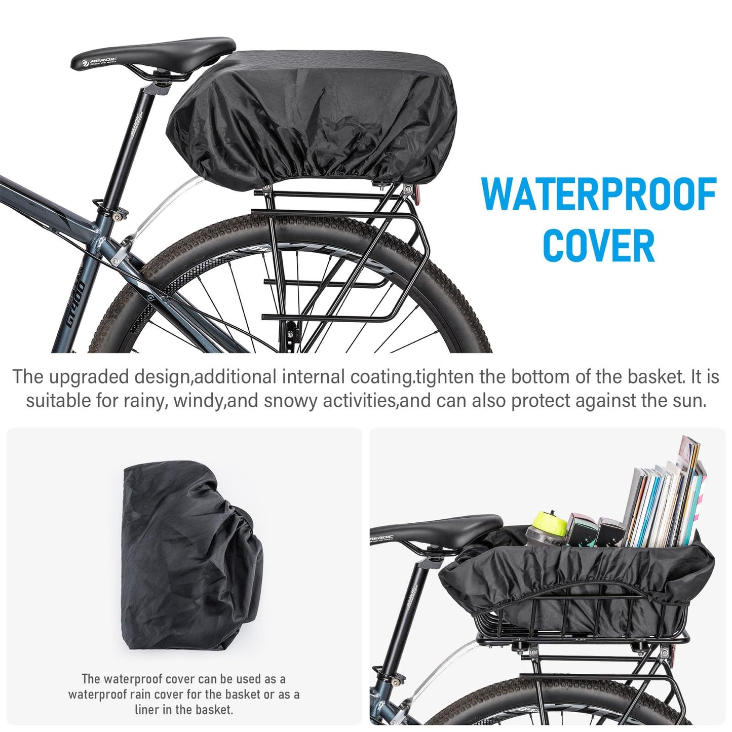 CXWXC Rear Bike Basket - Bicycle Rear Basket with Cargo Net and Waterproof Cover - Rear Mount Aluminium Bike Basket Large Capacity