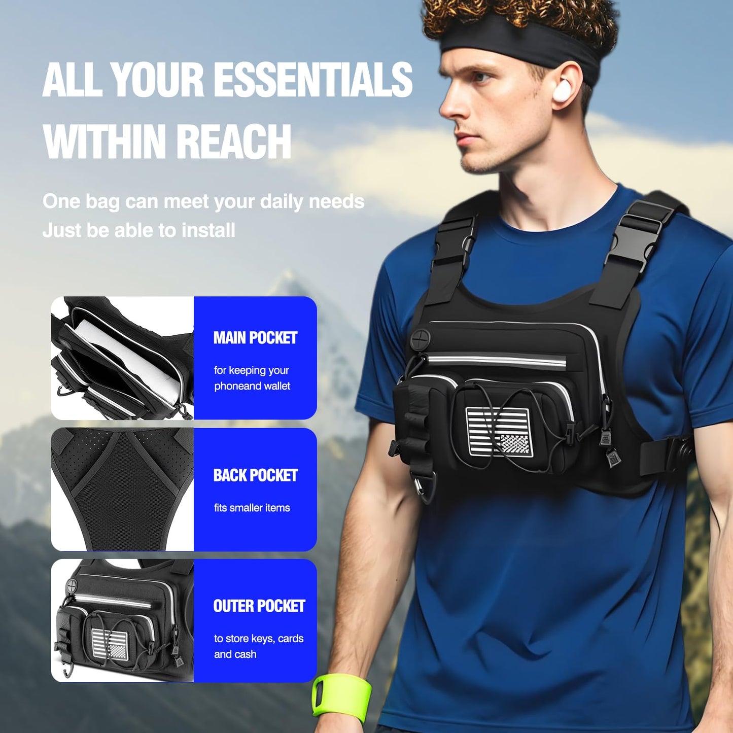 Chest Pack,Water Resistant Running Vest for Men, Chest Bag For Running, Cycling, EDC Running Pack Rig For Sports and Workouts