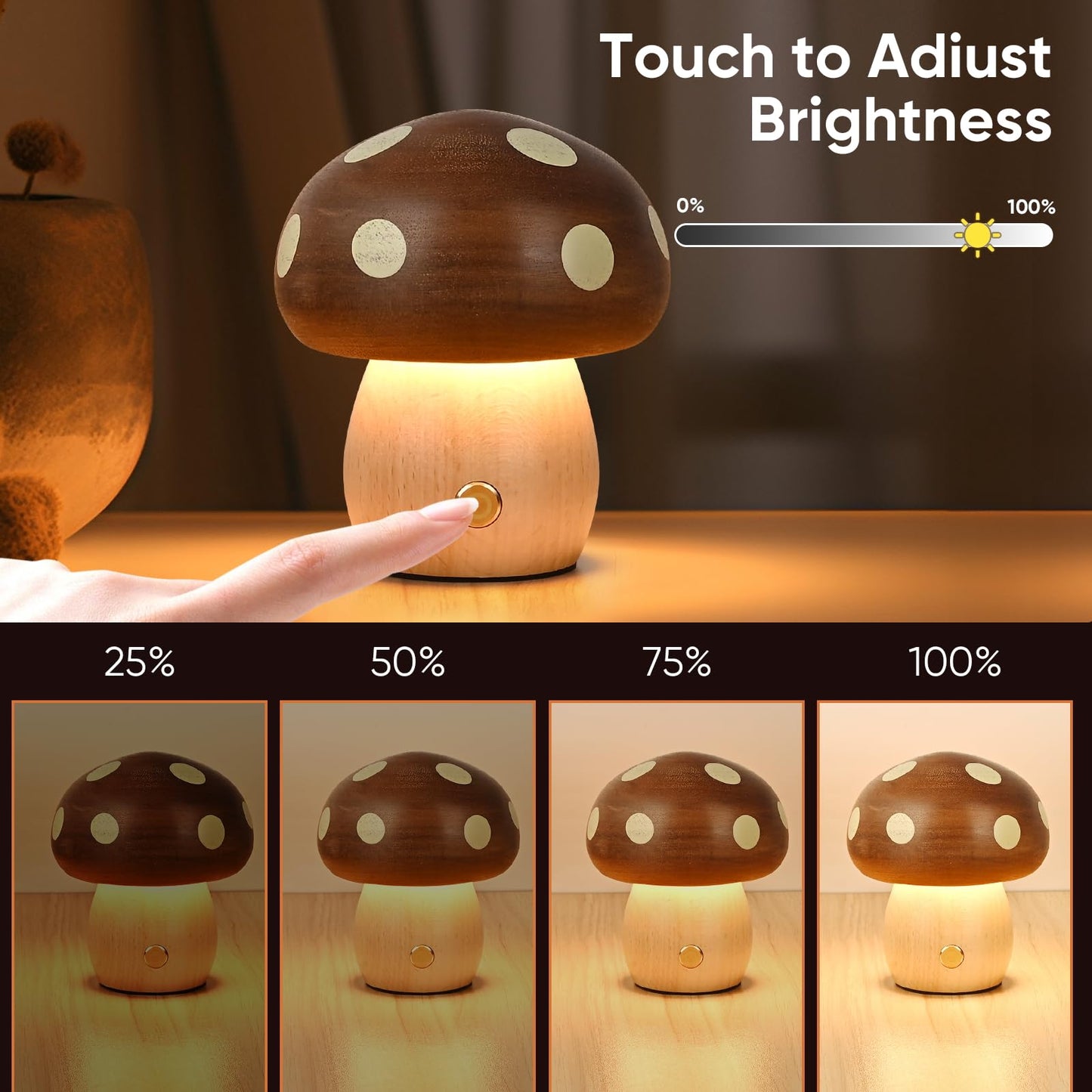 Moroommt Wood Mushroom Lamp, Rechargeable Small Bedside Lamp, Touch Mushroom Night Light Small lamp for nightstand, Portable Battery Operated Lights for Bedroom Kids Birthday Gifts