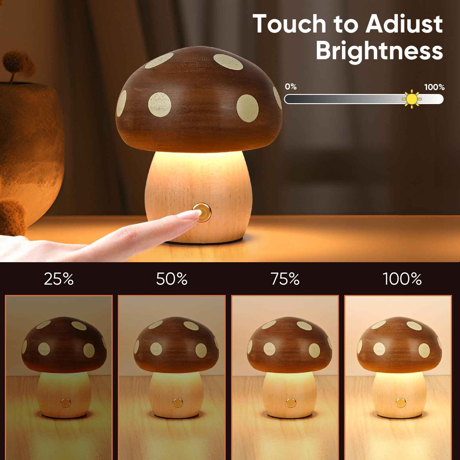 LONRISWAY LED Wooden Mushroom Lamp, Rechargeable Battery Operated Portable Cordless Touch Switch Small Lamp, Stepless Dimming Night Light for Birthday Gifts