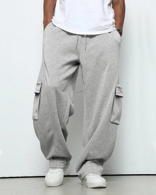 BUXKR Men's Baggy Sweatpants Wide Leg Fleece Casual Joggers Cotton Loose Drawstring Elastic Waist Pants with Pockets Light Grey