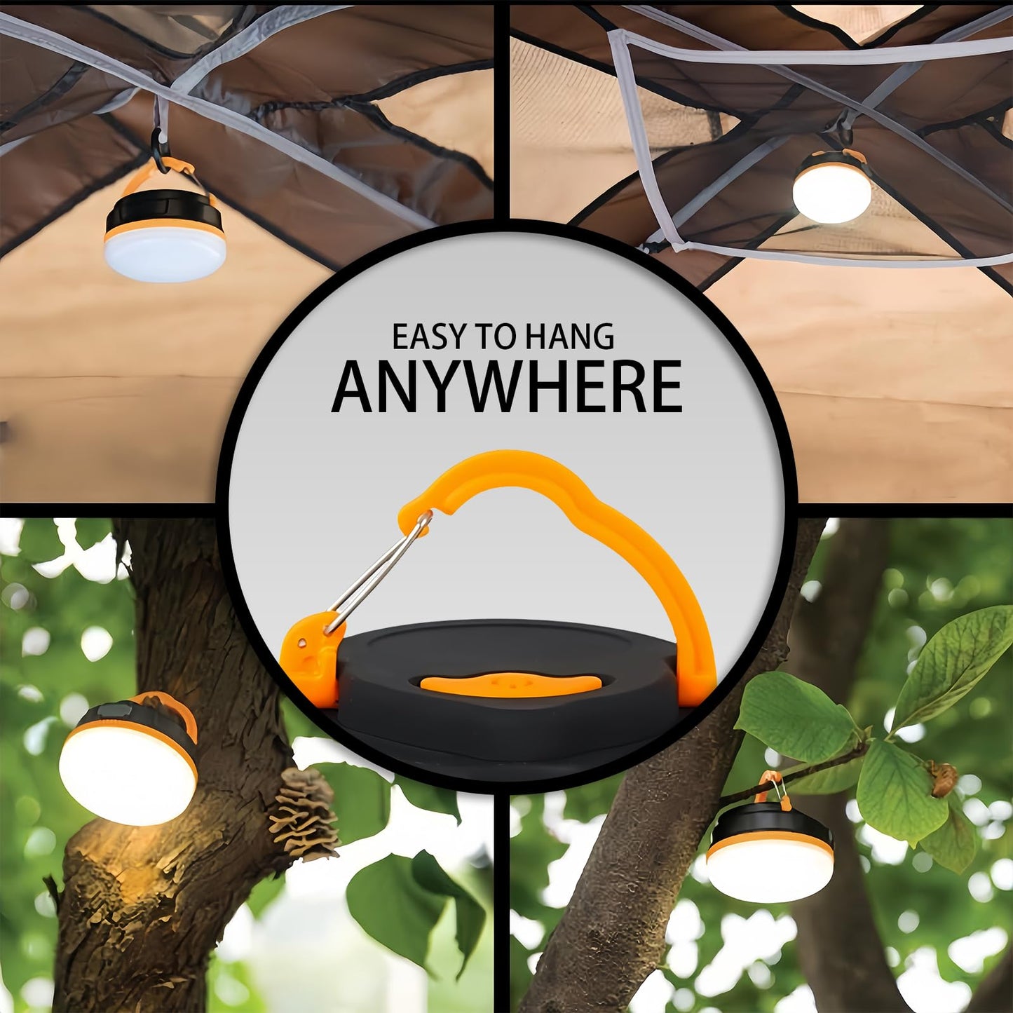 Portable LED Camping Lantern, Collapsible with Carabiner Hook in Eye-Catching Black and Orange – Your Go-to Gear for Nighttime Fun! Adventure Ready！