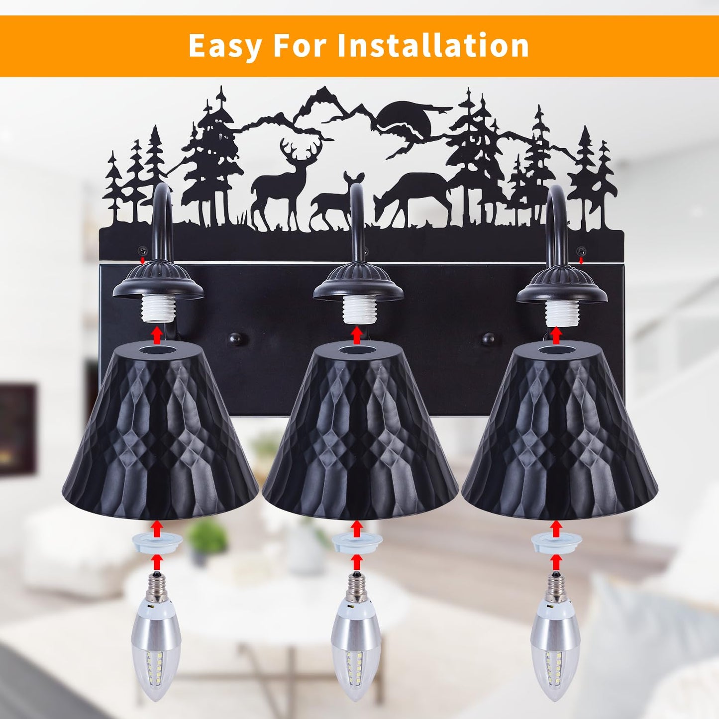 Rustic 3-Light Black Vanity Light Fixtures with Deer Design, E12 Base Farmhouse Bathroom Lighting for Mirror, Cabinet, or Dressing Table (Small, Bulb Not Included)
