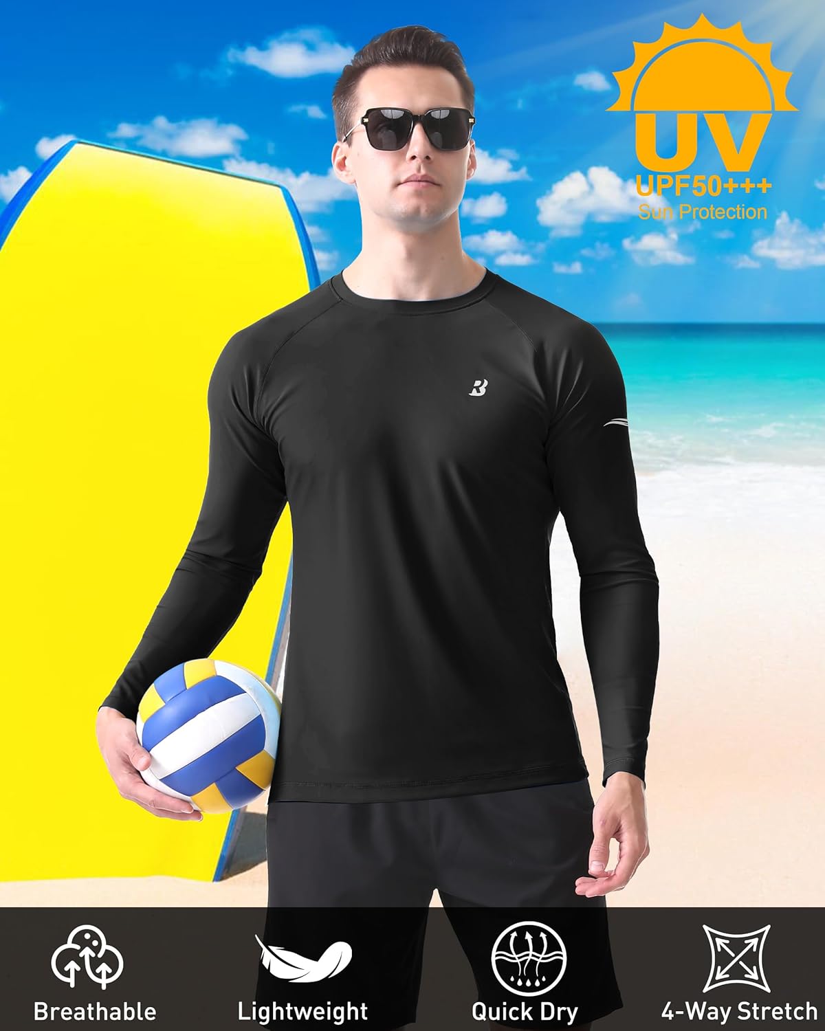 Roadbox Men's UPF 50+ Swim Shirt - Long Sleeve Sun Protection Rash Guard for Fishing & Hiking