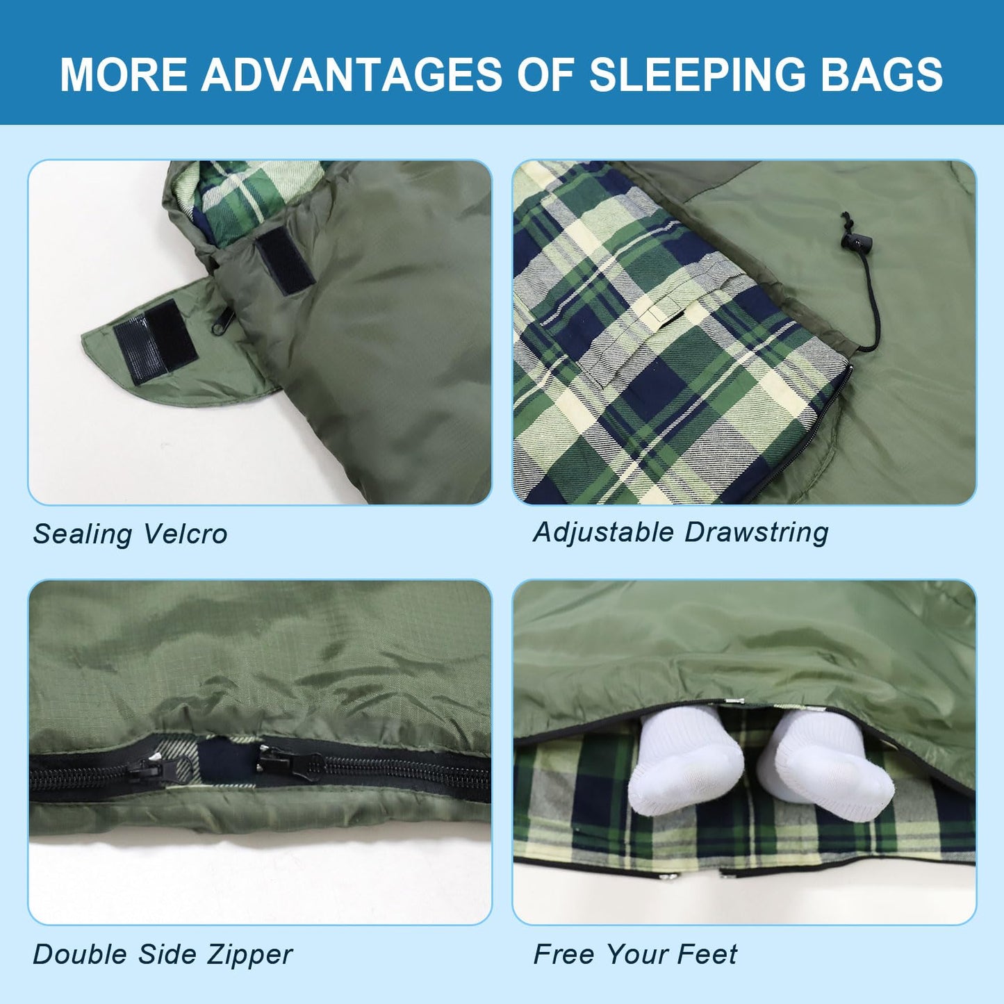 POEPORE Double Sleeping Bag Flannel for Adults with 2 Pillows 2 Person Sleeping Bags Camping XXL Queen Size Two Person Sleeping Bag for Cold Weather Green