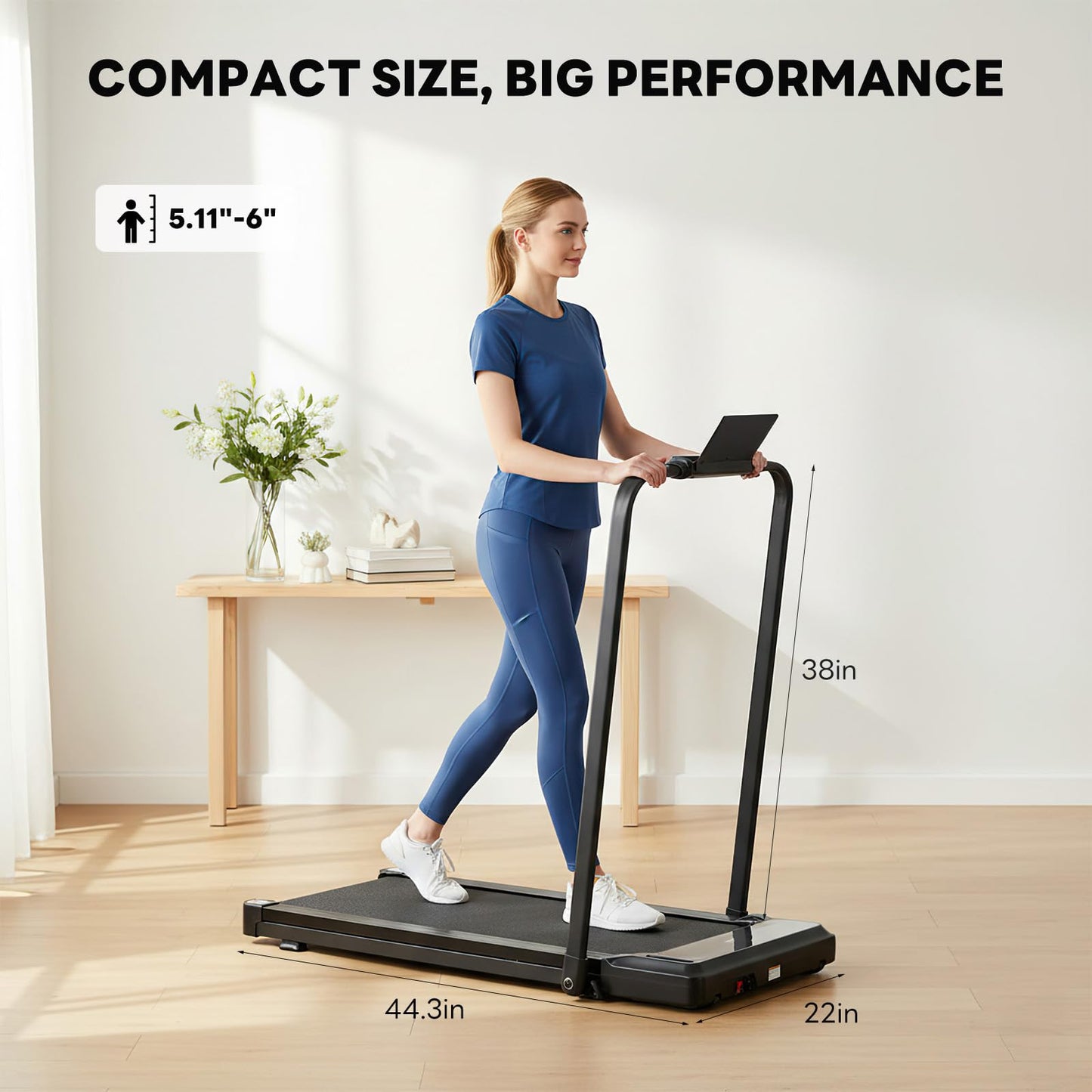 NEWBULIG Walking Pad Under Desk Treadmill with Foldable Handle Bar, Portable Compact Electric Walking Treadmills with Remote Control for Home Office, Quiet Fitness Machine, Black