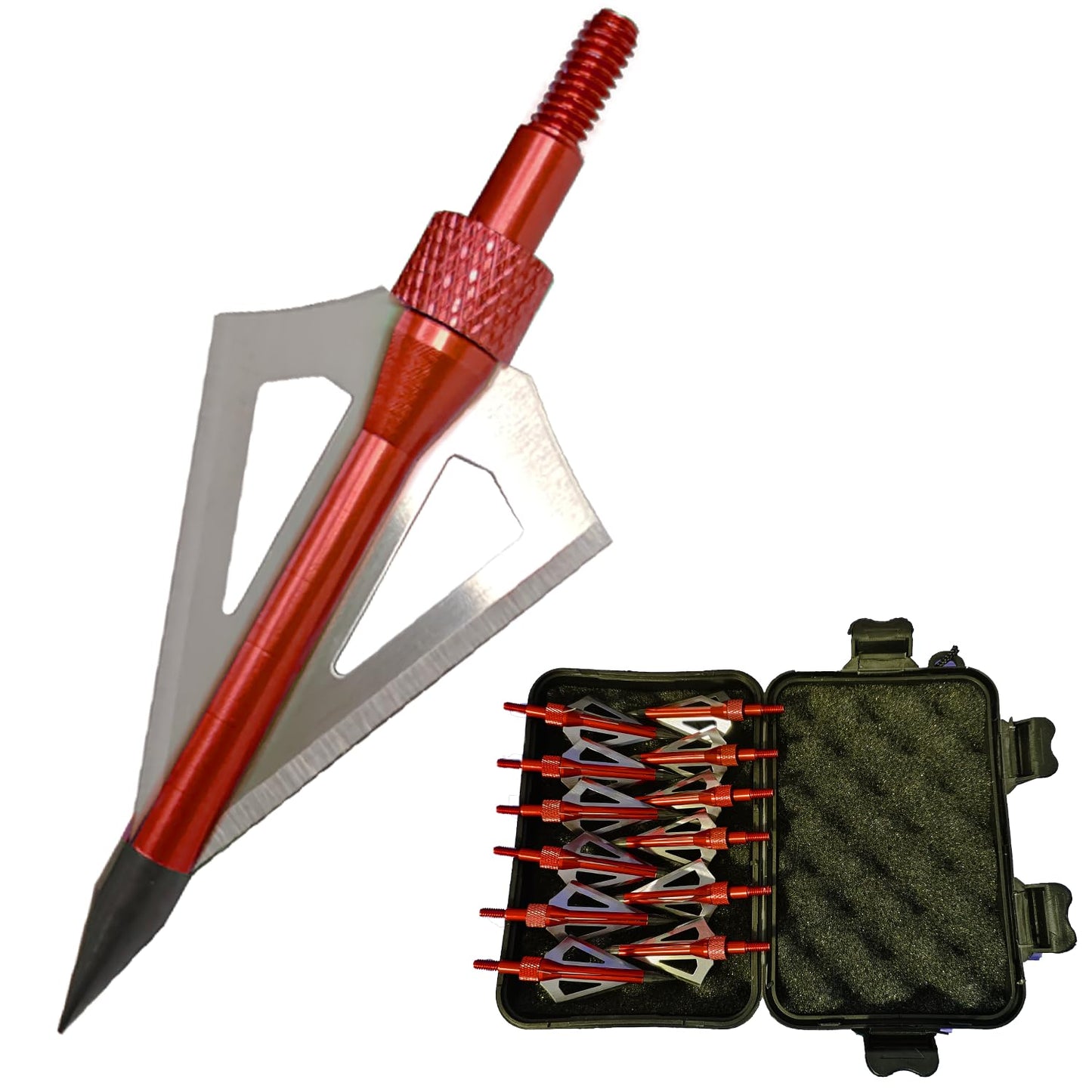 e5e10 12pcs Archery Broadheads 3 Fixed Steel Blade 100 Grain Hunting Arrowheads Fit for Compound Bow and Crossbow with One Black Plastic Portable Broadheads Case (Red-100 Grain)