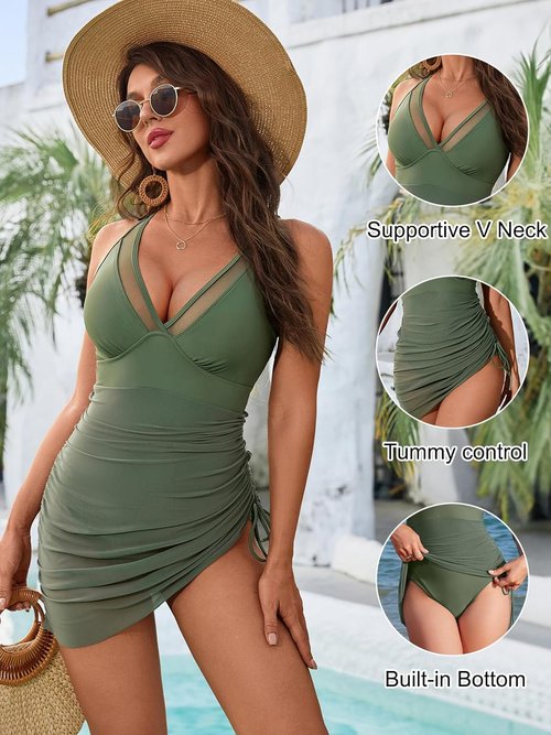 Blooming Jelly One-Piece Swim Dress - Tummy Control & Slimming Mesh Sarong Wrap - Elegant Bathing Suit