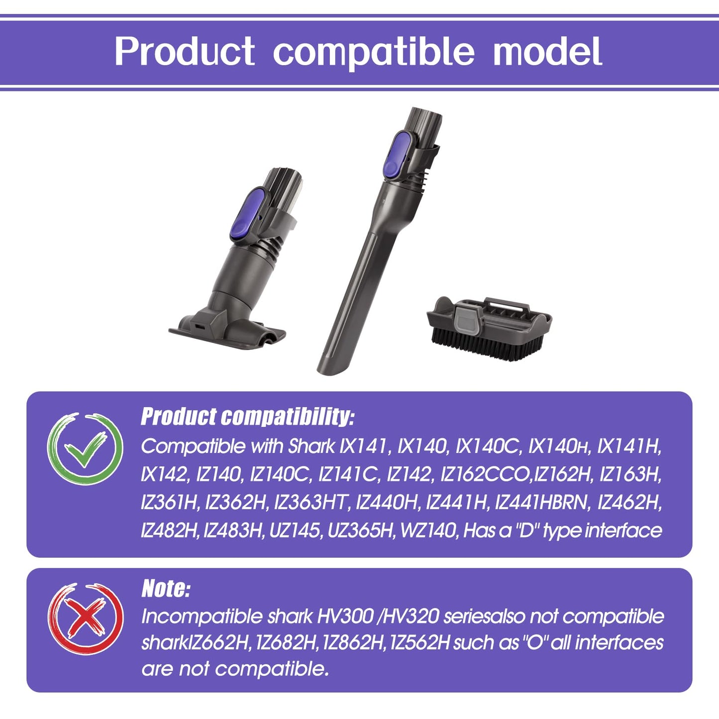 Vacuum Crevice Tool Brush Replacement Parts Compatible with Shark Pet Cordless Stick IX141 IZ462H IZ483H IZ363HT IZ361H IZ163H IZ362H Removable two-in-one Tool Brush Attachments for D-Shaped Vacuum