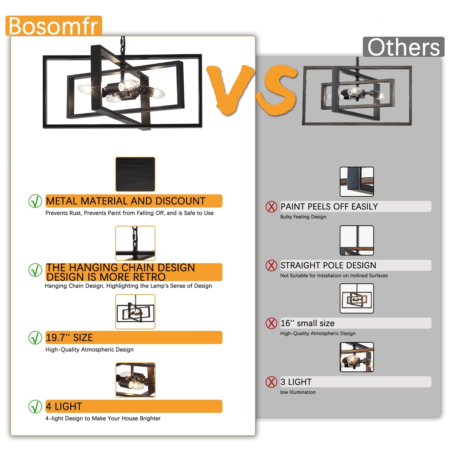 Bosomfr 19.7'' Modern Chandelier 4-Light, Black Farmhouse Light Fixture Cross Chandeliers for Dining Room Living Kitchen Island Bedroom Living,Rectangular Metal Industrial Hanging Ceiling Lighting