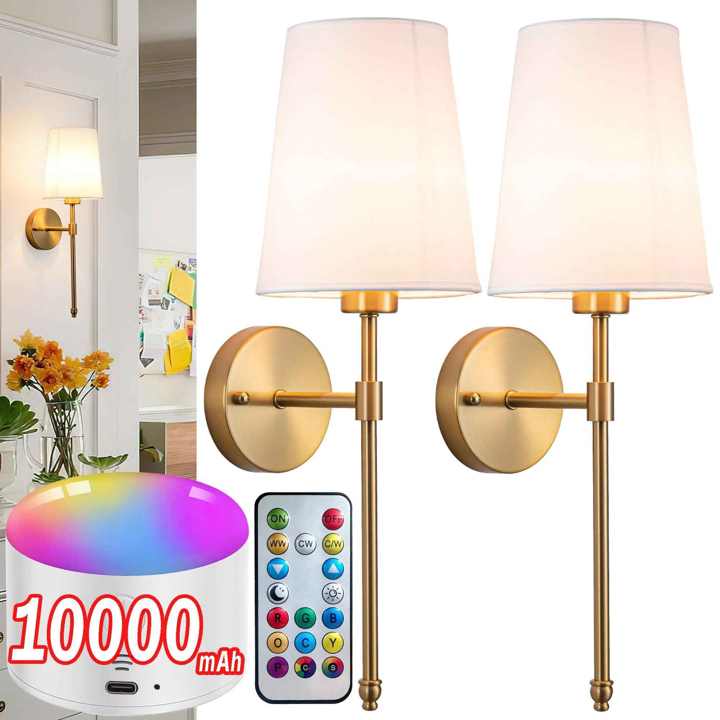 YHCDLAMP Battery Operated Wall Sconce Set of 2, Rechargeable Wall Sconce with 10000mAh Bulb and Remote, Up to 50 Hrs Use, RGB Dimmable Wireless Wall Lights for Living Room Bedroom Hallway