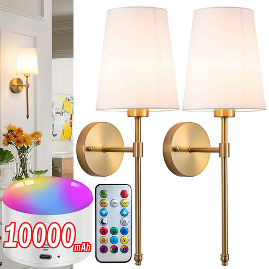 YHCDLAMP Battery Operated Wall Sconce Set of 2, Rechargeable Wall Sconce with 10000mAh Bulb and Remote, Up to 50 Hrs Use, RGB Dimmable Wireless Wall Lights for Living Room Bedroom Hallway