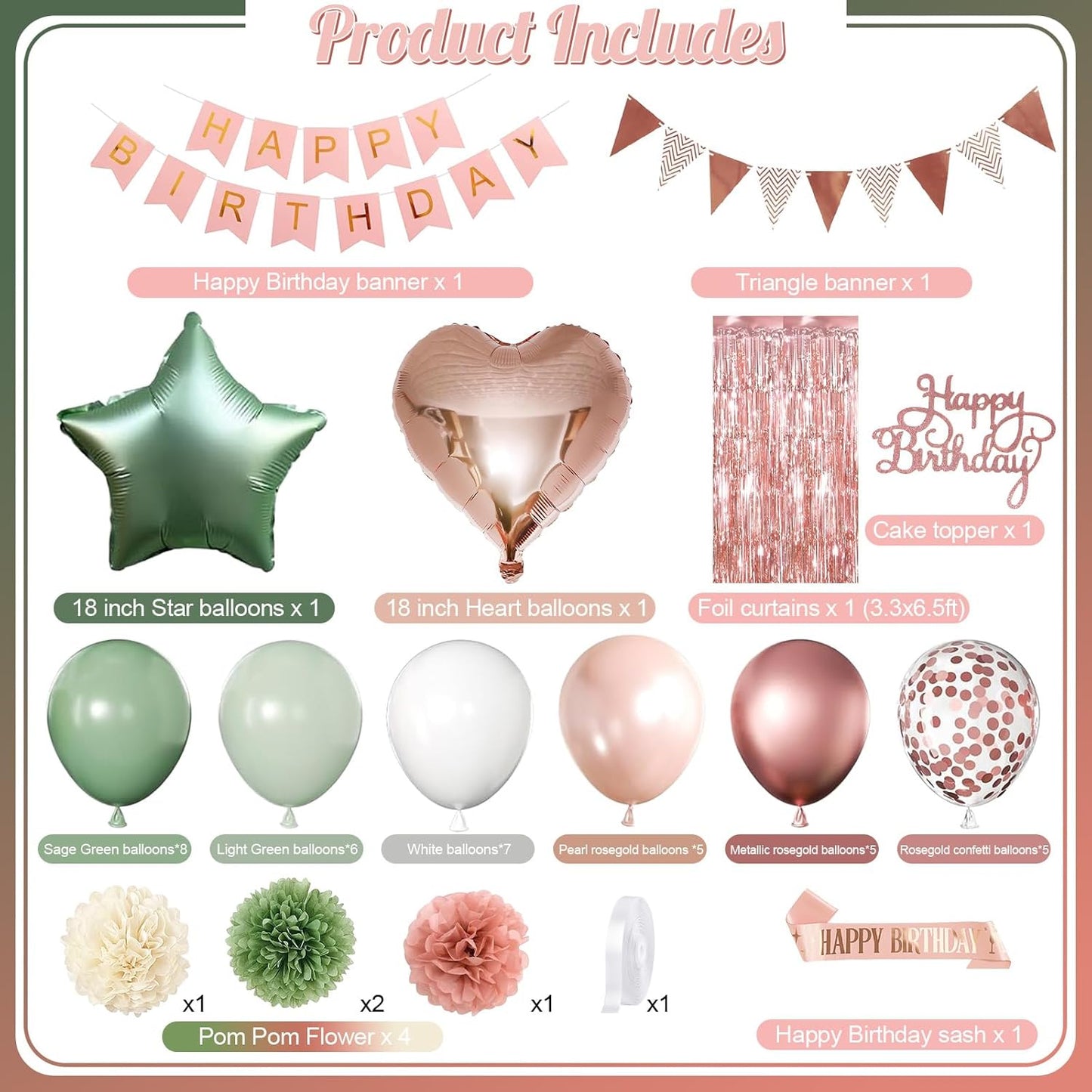 Regine Switzerland Birthday Decorations - Retro Rose Gold & Sage Green Party Décor | Foil Balloons, Happy Birthday Banner & Cake Topper