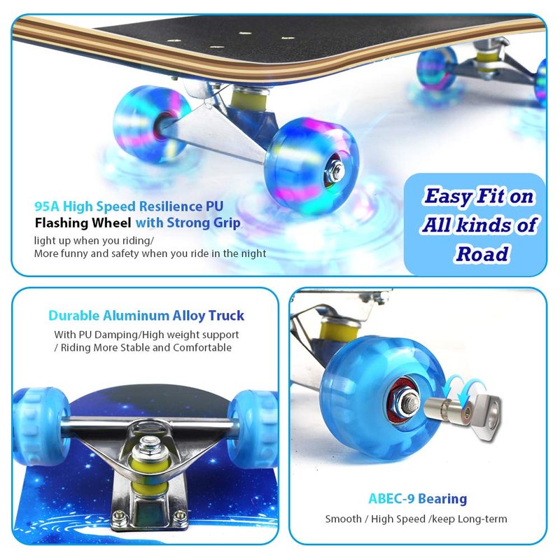 Easy_Way Complete Skateboards- Standard Skateboards for Beginners Kids Boys Girls Teenager- 31''x 8''Canadian Maple Cruiser Pro Skate Board, Skateboards (Deer)