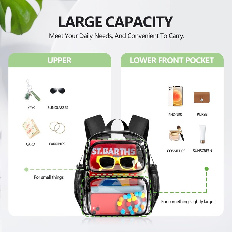 MAY TREE Clear Backpack Stadium Approved, 12x10x6 Inches Small Clear Bag with Padded Straps for Stadium Events, Concert, and Work, Black