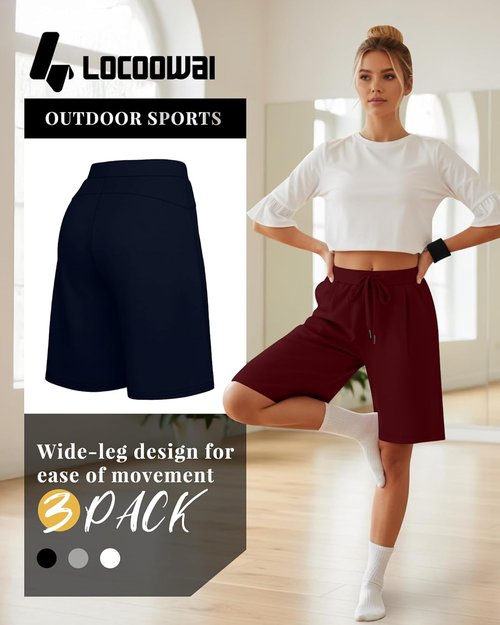 Locoowai Women's Bermuda Shorts - Casual Drawstring Athletic Yoga Shorts with Pockets | 3 Pack