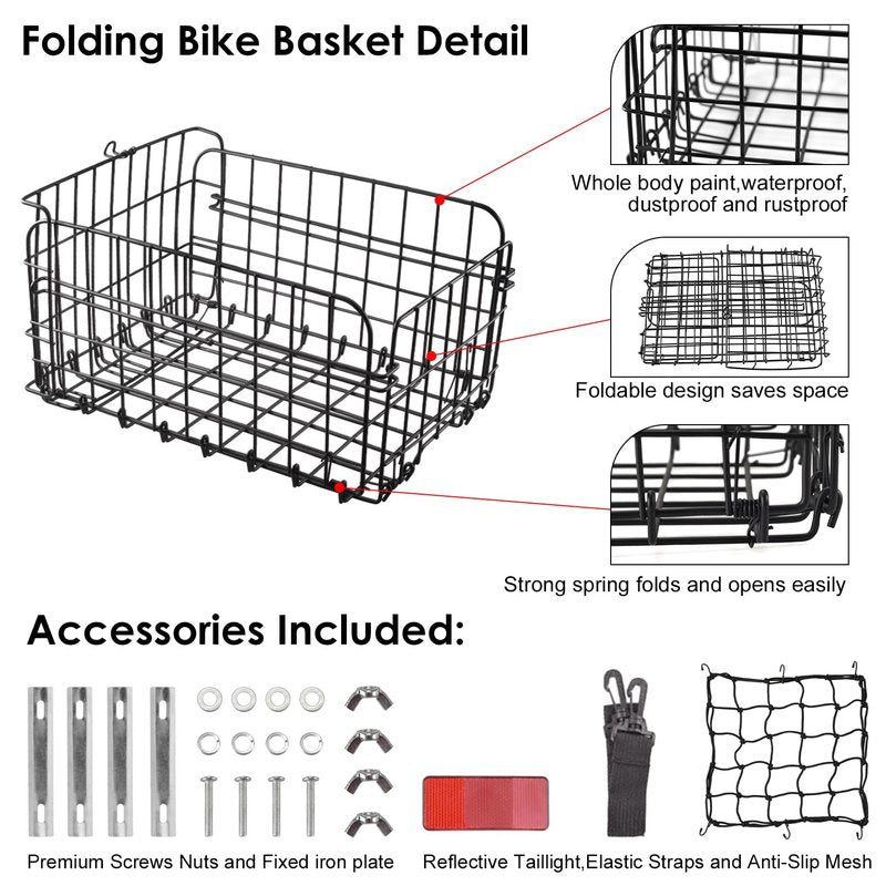 Rear Bike Basket,Bike Rack Basket,Folding Rear Bike Basket, Quickly Detachable Metal Bicycle Rack Cargo Basket with Strap & Reflective Tail Light for Most Mounted Bike Racks