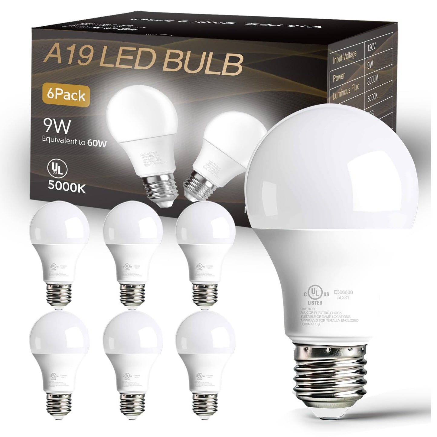 dalattin 6 Pack LED Bulbs Daylight White 5000K, 60 Watt Equivalent A19 Standard Bulbs, E26 Base, 800 LM, Efficient 9W Energy Saving, Non-Dimmable, 80+ CRI, 120V, UL Listed, for Living Room, Office