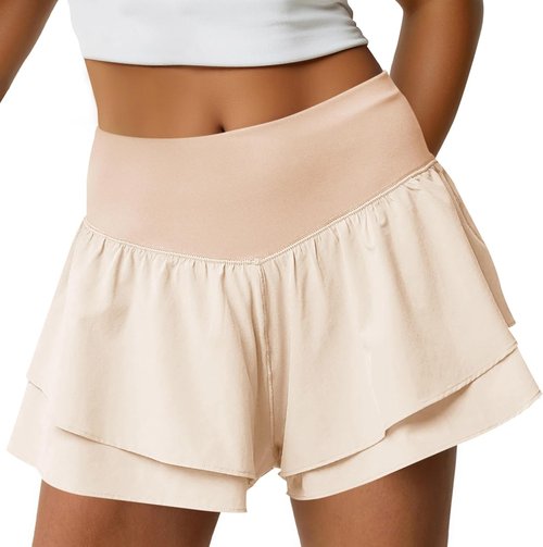 Fisoew Women's High Waisted Athletic Shorts - Ruffle Tiered Design for Running & Tennis | Built-In Shorts