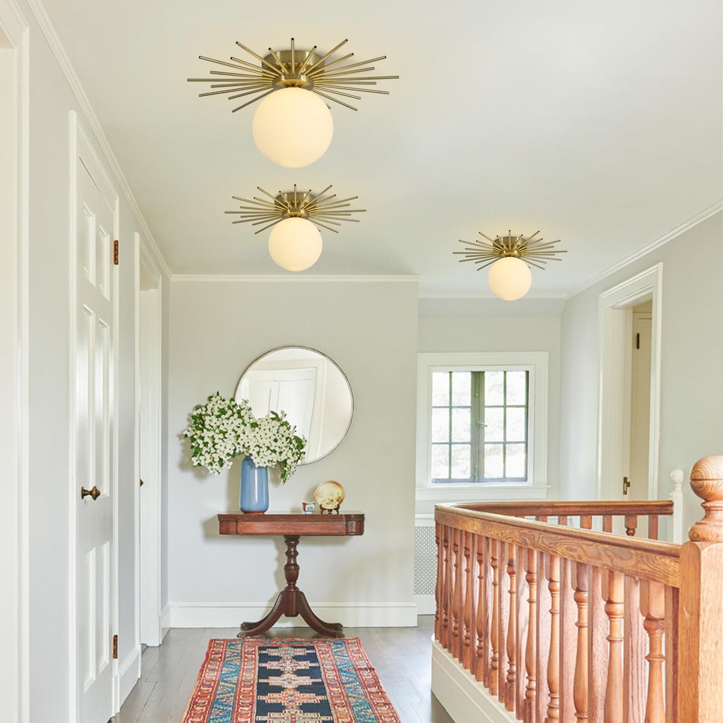 BOKT Modern Gold Semi Flush Mount Ceiling Light Mid Century White Glass Globe Ceiling Light Industrial Close to Ceiling Light Vintage Golden Ceiling Lamps Brushed Brass Hallway Light Fixtures