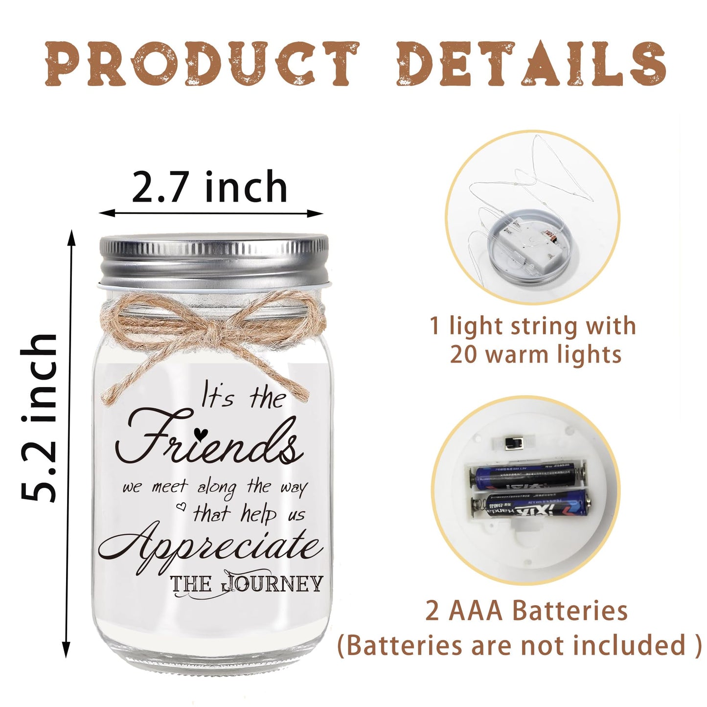 Birthday Gifts for Women Friendship, Mason Jar Night Lights for Friend, Thankgiving Christmas Gifts for Women, Suitable for Home Office Table Stands