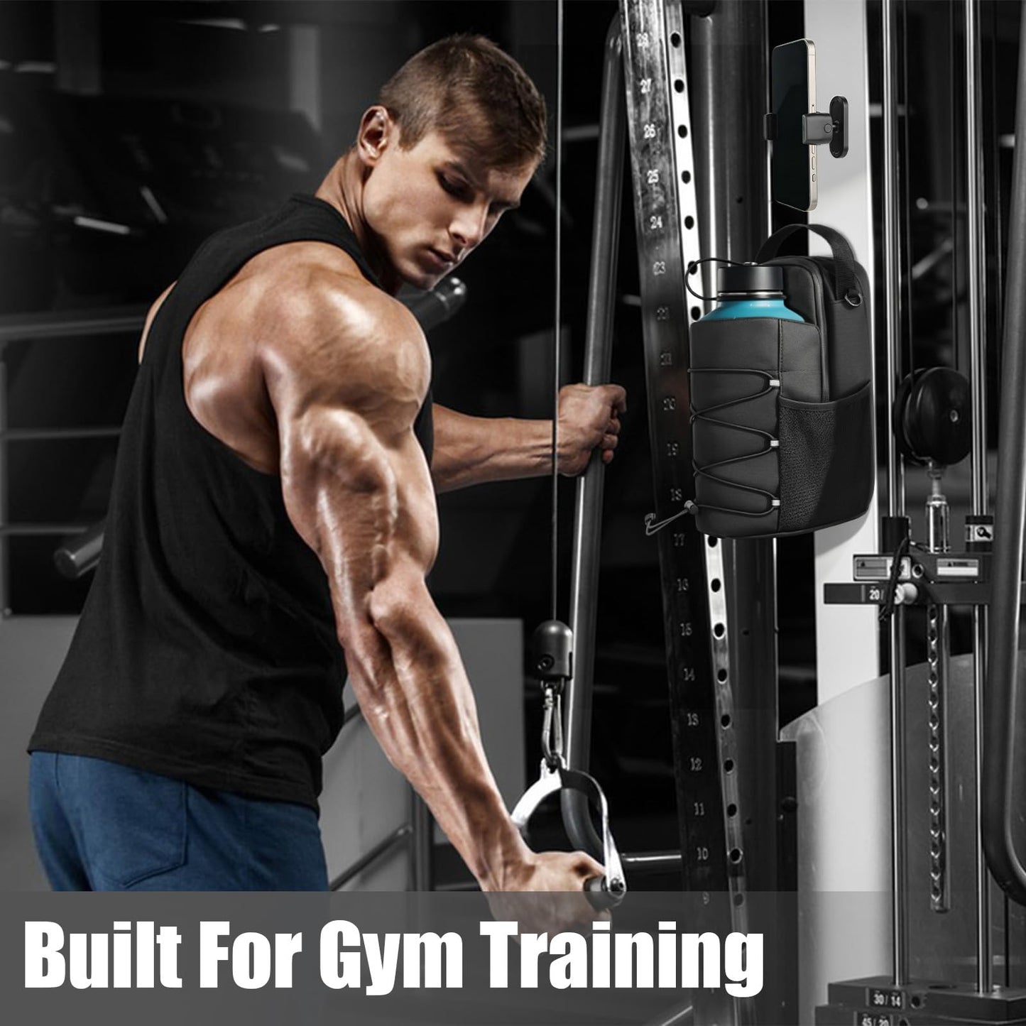 Magnetic Gym Water Bottle Bag with Phone Holder for Men, Magnetic Gym Bag Attaches to Equipment, Holds Water Bottle, Phone & Essentials for Workout, Training & Fitness