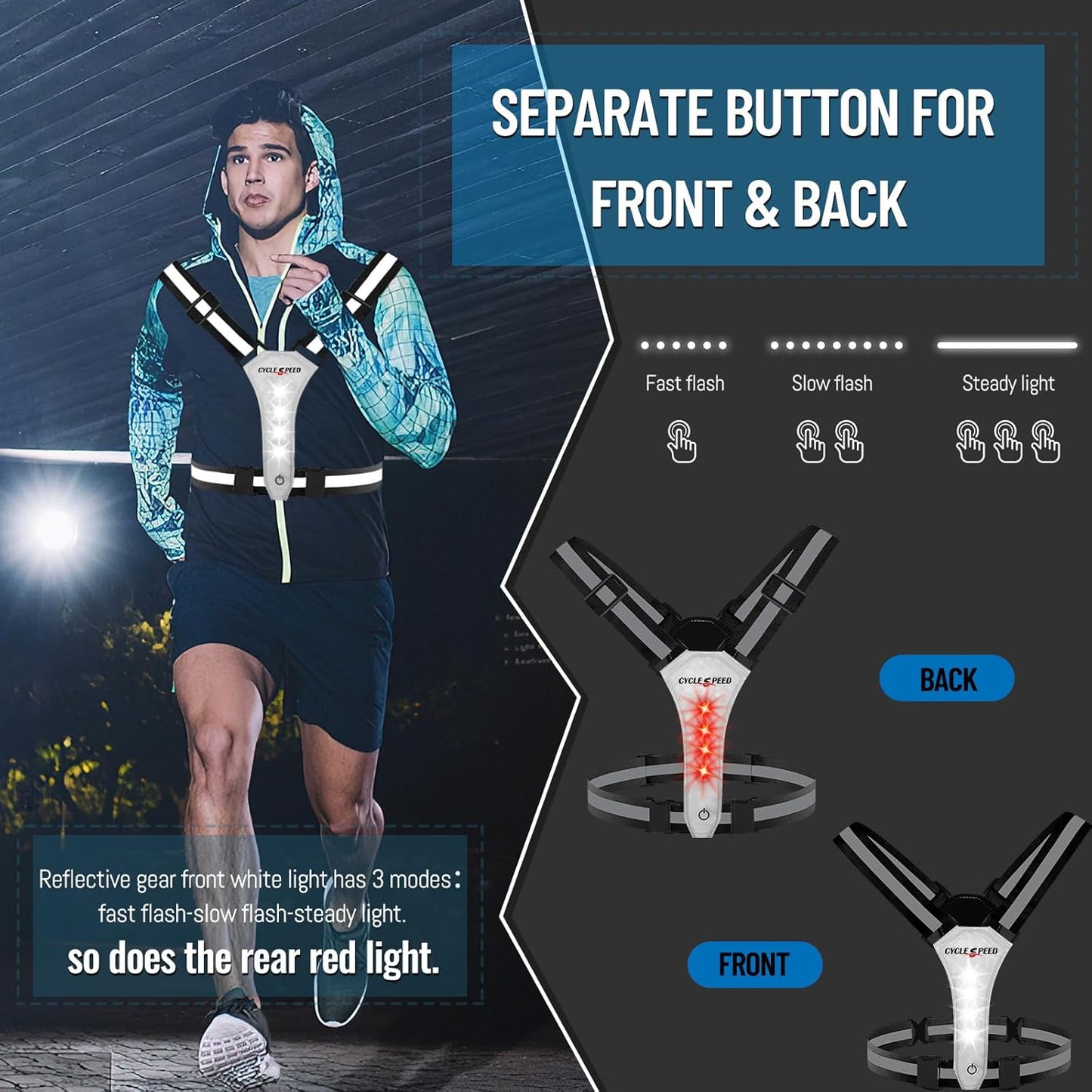 Skiennix LED Reflective Vest - High Visibility Light-Up Running Gear for Night Safety | USB Rechargeable, Adjustable Fit