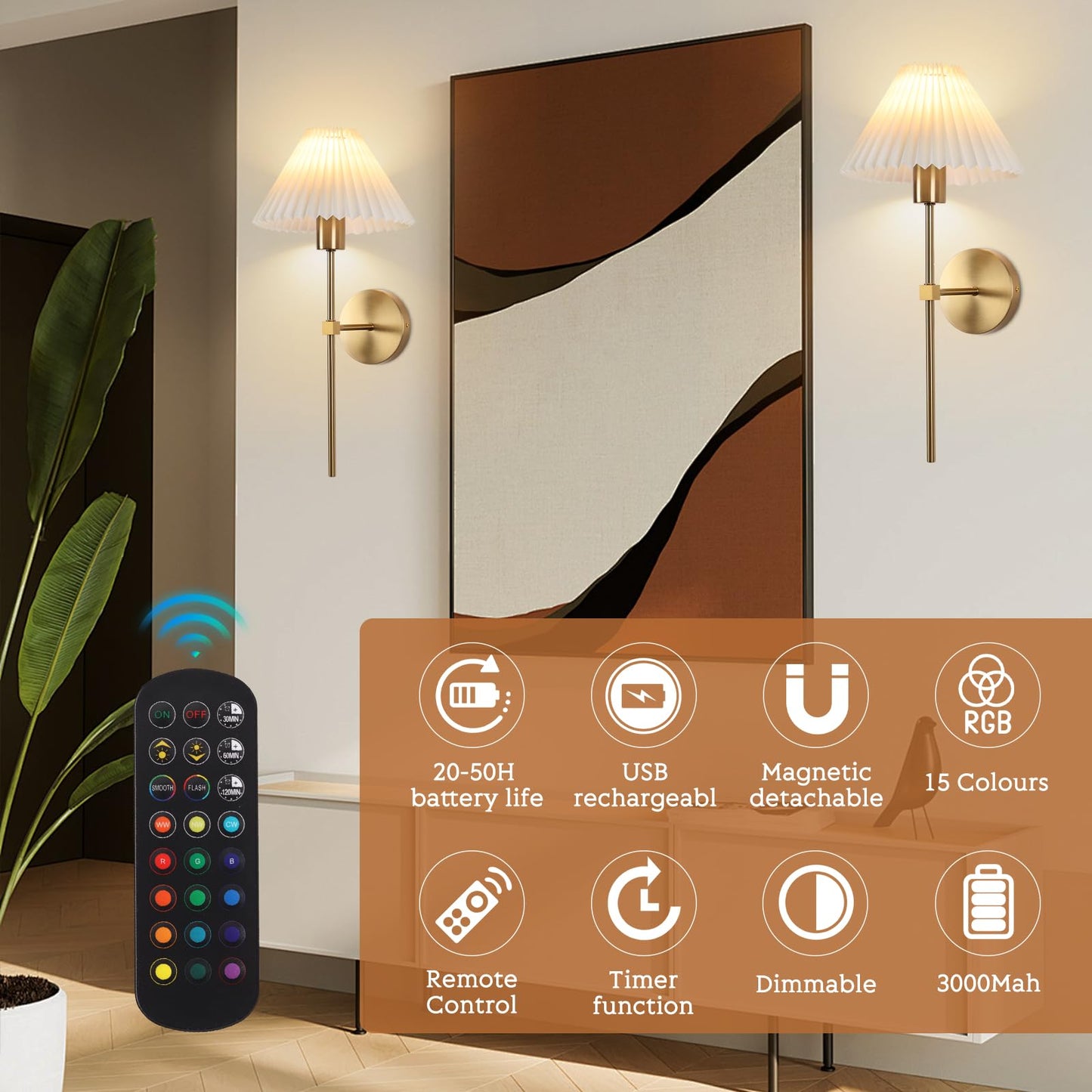 Wireless Wall Sconce Sets of 2, Pleated Shades Rechargeable Battery Operated Wall Sconce, Retro Industrial Gold Wall Lights Bathroom Vanity Sconces, Wall Mounted Lamps for Bedroom Living Room Kitchen