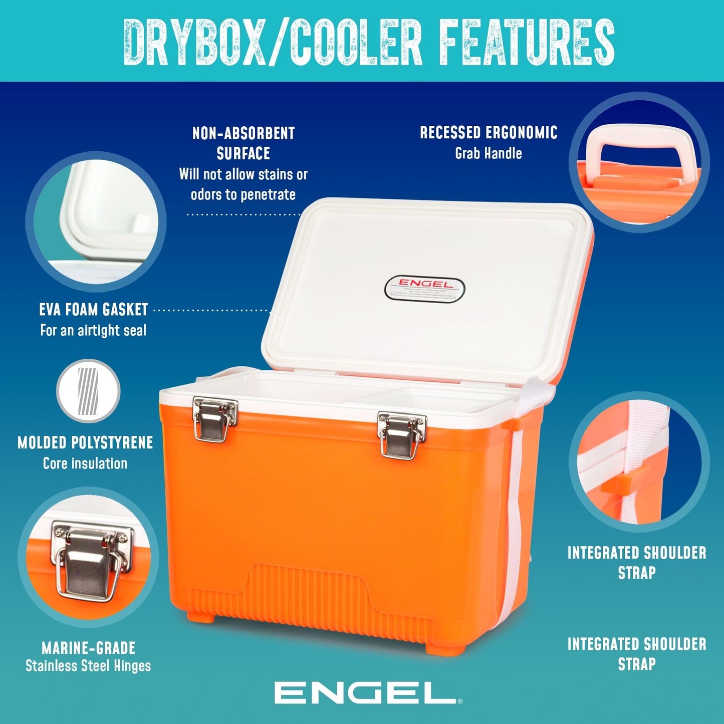 Engel UC7 7.5qt Leak-Proof, Air Tight, Drybox Cooler and Small Hard Shell Lunchbox for Men and Women in Black with Blue Interior
