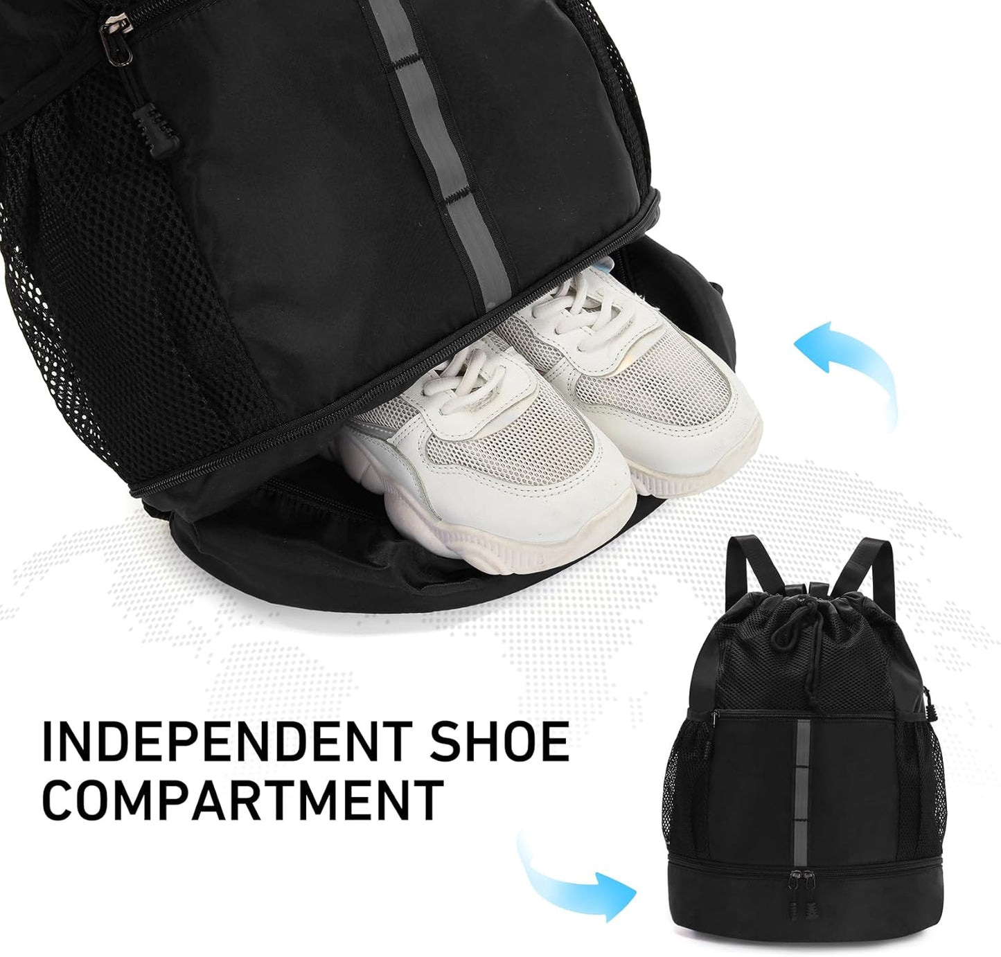 Valleycomfy Drawstring Gym Bag - Sports Backpack with Shoe Compartment & Reflective Strips | Black