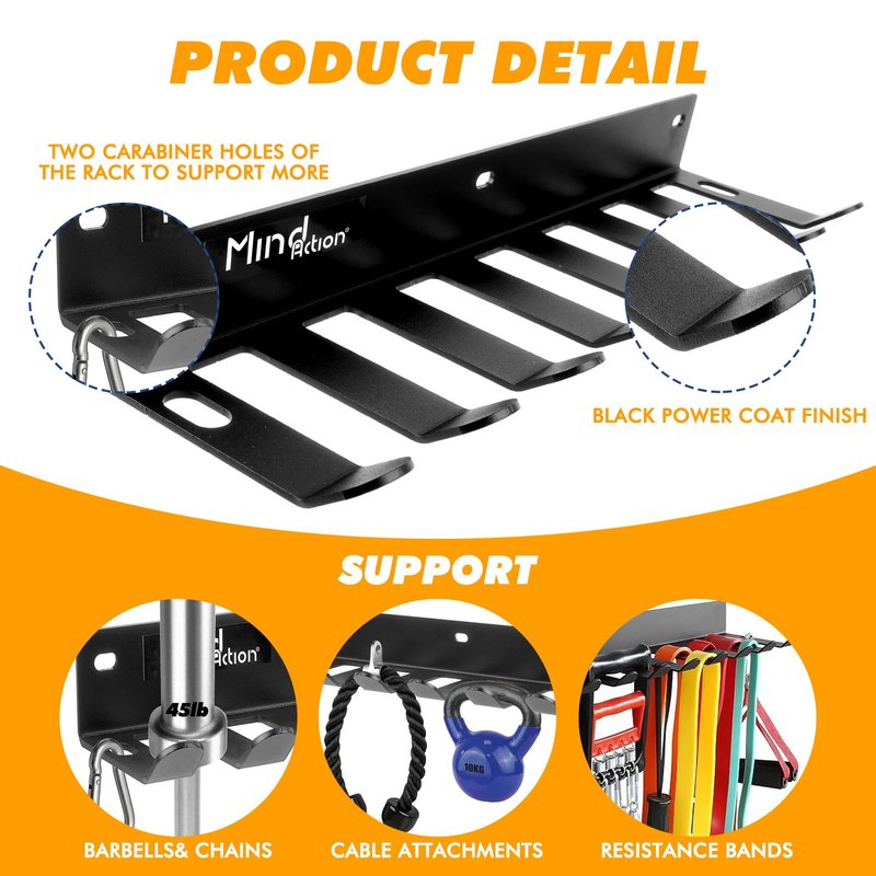 Gym Storage Organizer, Wall Mount Barbell Holder, Multi-Purpose Garage Gym Equipment Wall Rack, Barbell Hanger, Space Saving Gym Attachment Rack for Resistance Bands, Jump Ropes, Lifting Belt