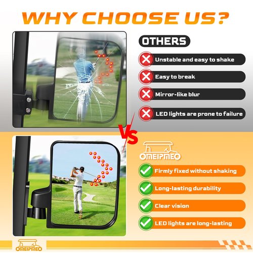 Golf Cart Mirrors, Golf Cart Side Mirrors with LED Turn Signal Light, Universal Rear View Mirror for Club Car EZGO YAMAHA, Left & Right Pair, Street Legal, Easy Bolt-On Installation, Enhanced Safety