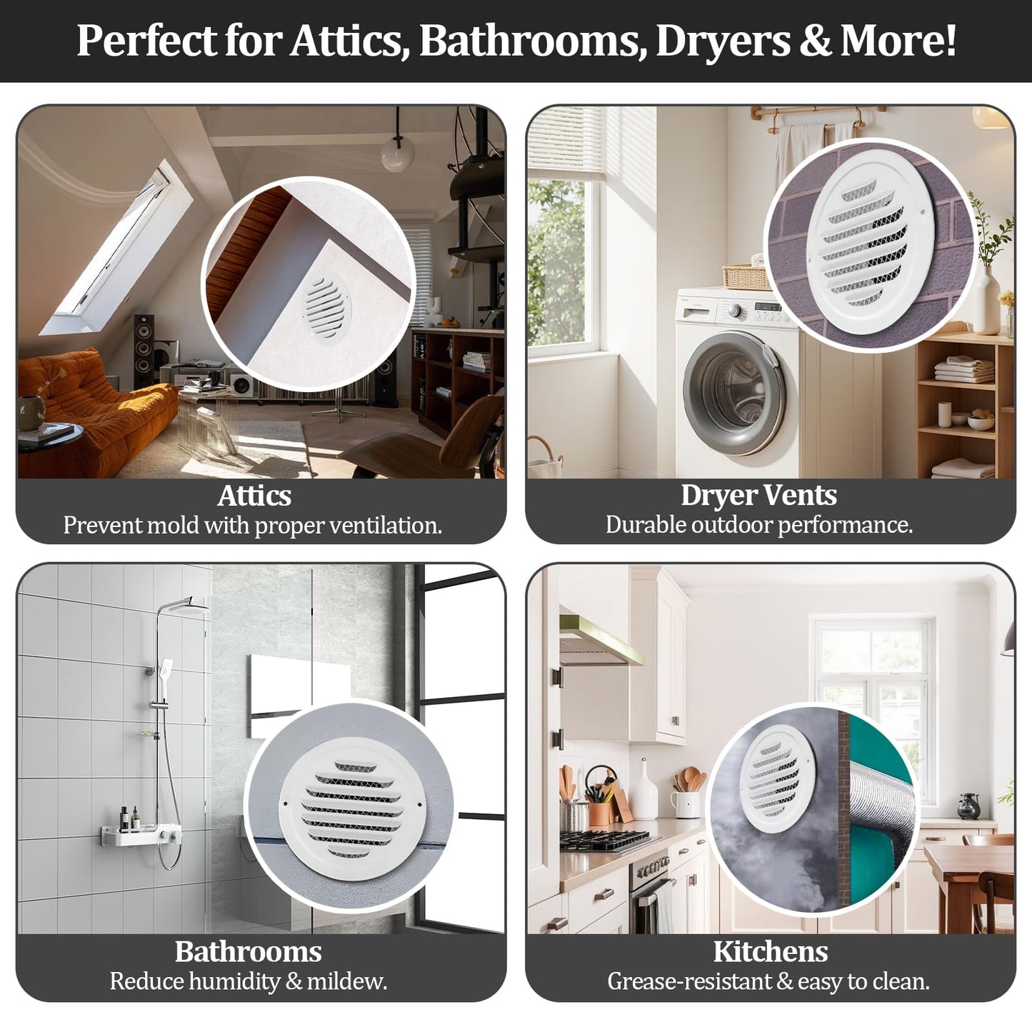 4" Round Soffit Vents White Stainless Steel Soffit Vents Wall/Ceiling Vent Cover with Mesh Screen for Bathroom, Dryer, & Attic（1 Pack)