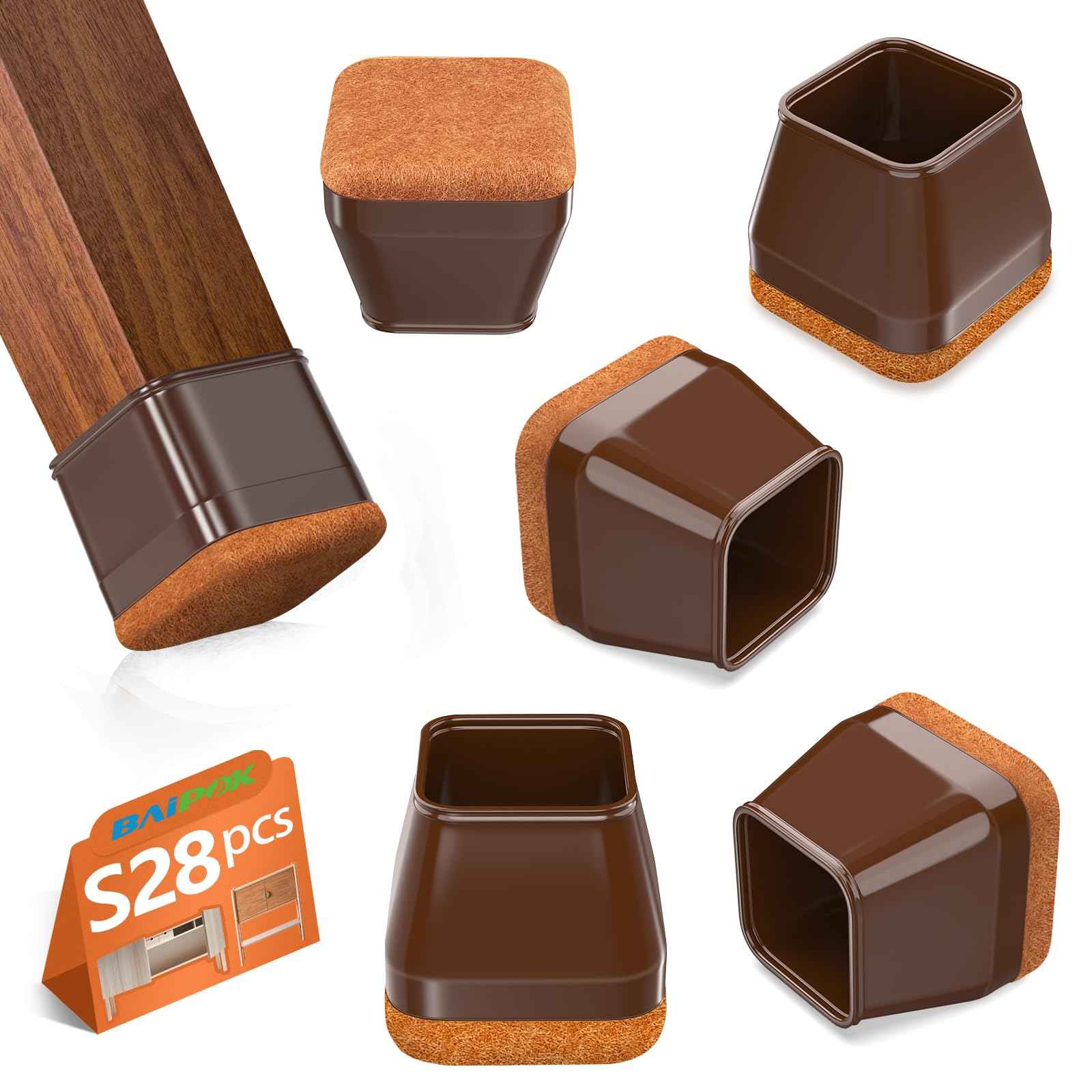 28Pcs Square Chair Leg Floor Protectors with Wrapped Felt Bottom, Silicone Chair Leg Protectors for Hardwood Floors, Chair Legs Cover Prevents Scratches & Reduce Noise (Brown S Fit 0.87"-1.10")