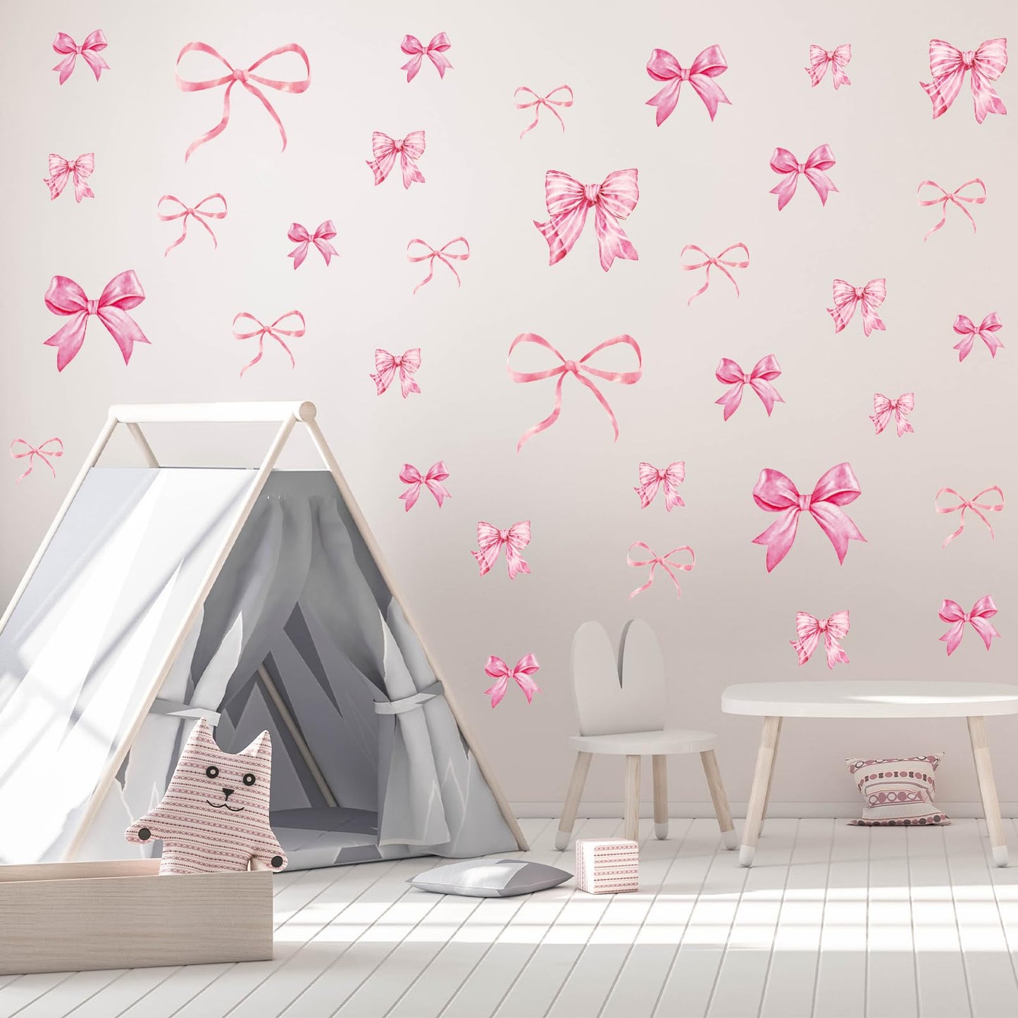 Whaline 12 Sheets Trendy Pink Bow Wall Stickers Light Pink Bow Knot Wall Decals Watercolor Room Mural Stickers for Valentine's Day Girls Party Home Bedroom Nursery, 7.9 x 11.8 Inch