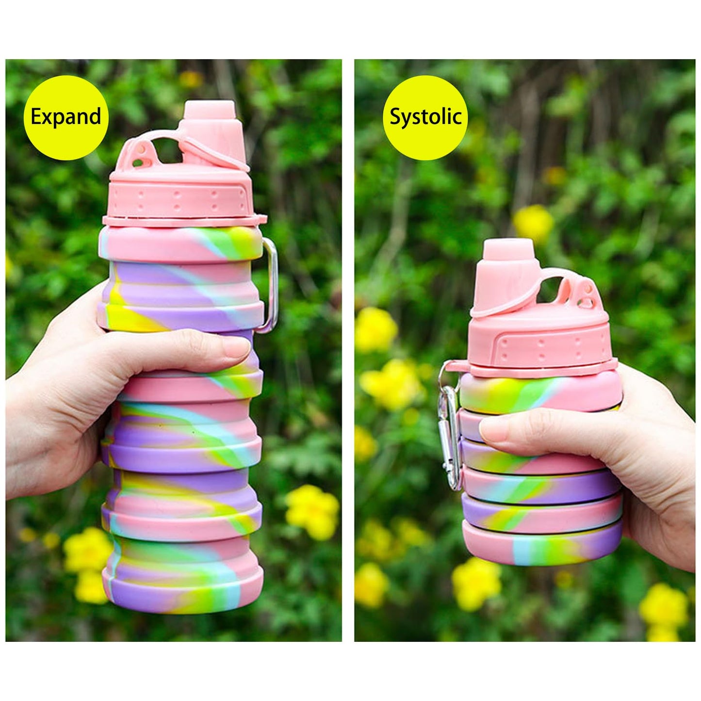 YCTMALL Collapsible Water Bottles Two Pack Travel Sports Portable Sport Water Bottle comes with mountaineering Buckle 500ml silicone Water-proof camping water bottle (Blue camouflage+Pink camouflage)