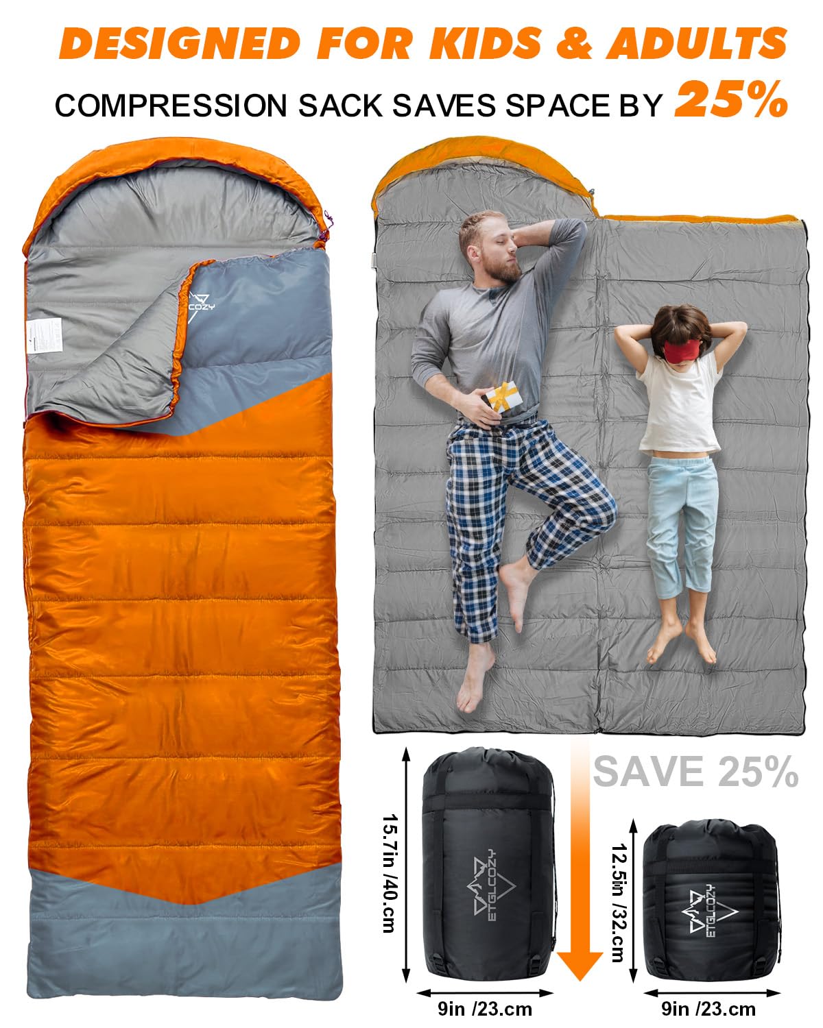 ETGLCOZY Lightweight 3-Season Sleeping Bag for Adults/Kids Camping, Compact w/Compression Sack, Waterproof Ripstop, Portable for Backpacking Hiking Travel, 50-80°F, Orange