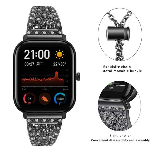 FitTurn Compatible with Amazfit Bip 6/Bip 5/Pace/Cheetah/Stratos 2 3/GTR 4/GTR 3/GTR 3 Pro/GTR 2/GTR 2e/GTR 47mm Band, Replacement Bling Metal Strap Stainless Steel Metal Jewelry Bangle Wrist Strap Bracelet Rhinestone (Black)